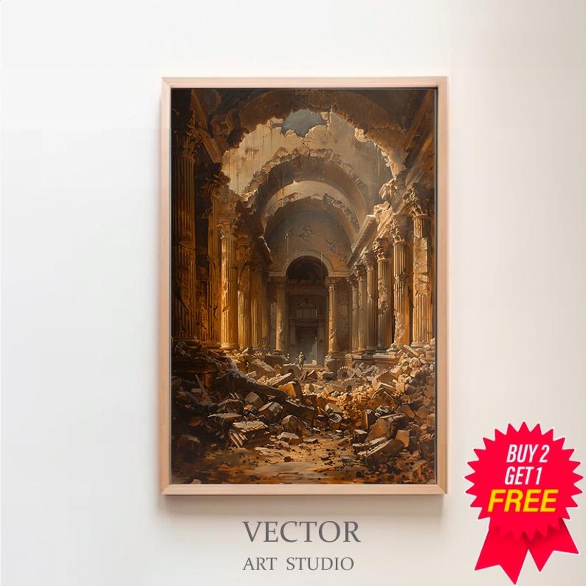 Roman Temple Interior Ruined Columns Rubble Classical Art Poster