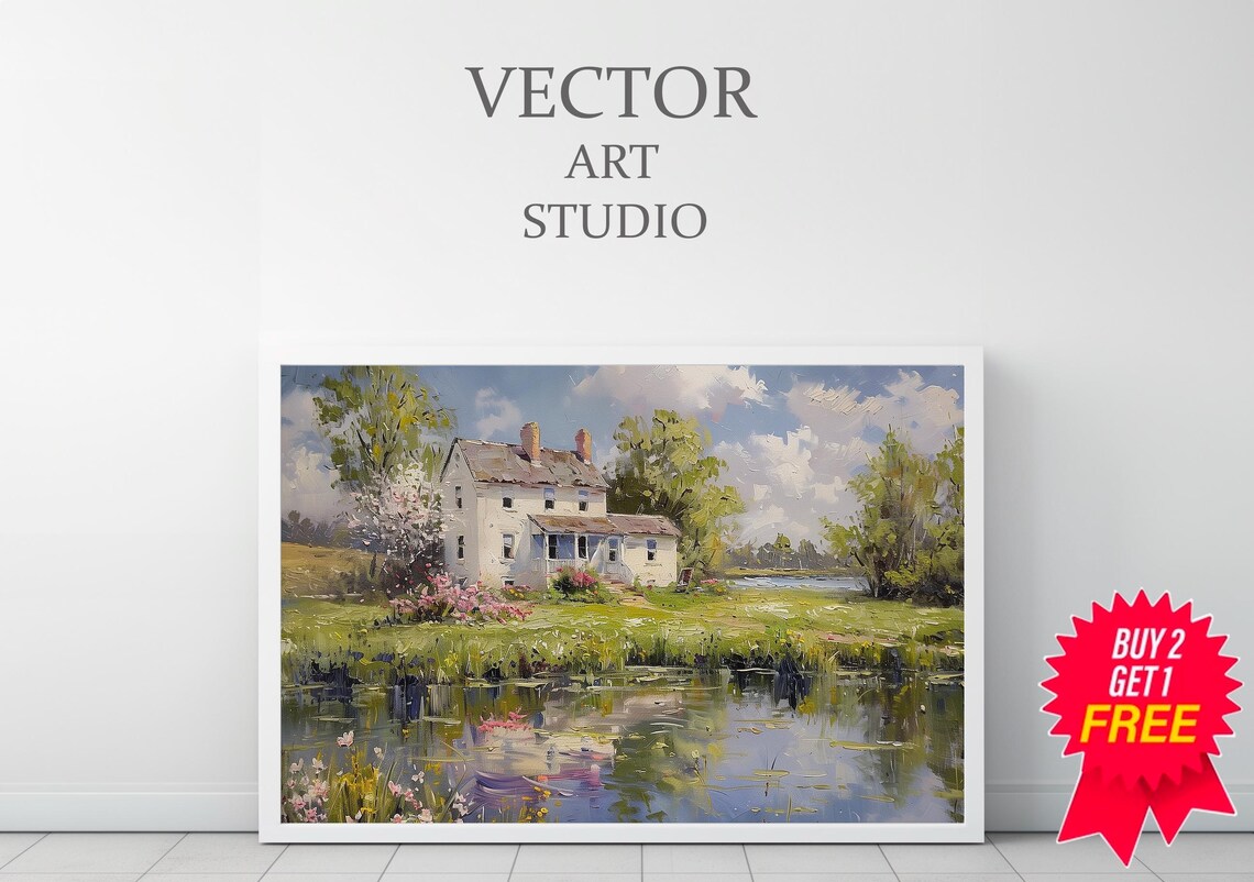 White Cottage By The Pond Spring Garden Flowers Oil Painting Poster - Image 3