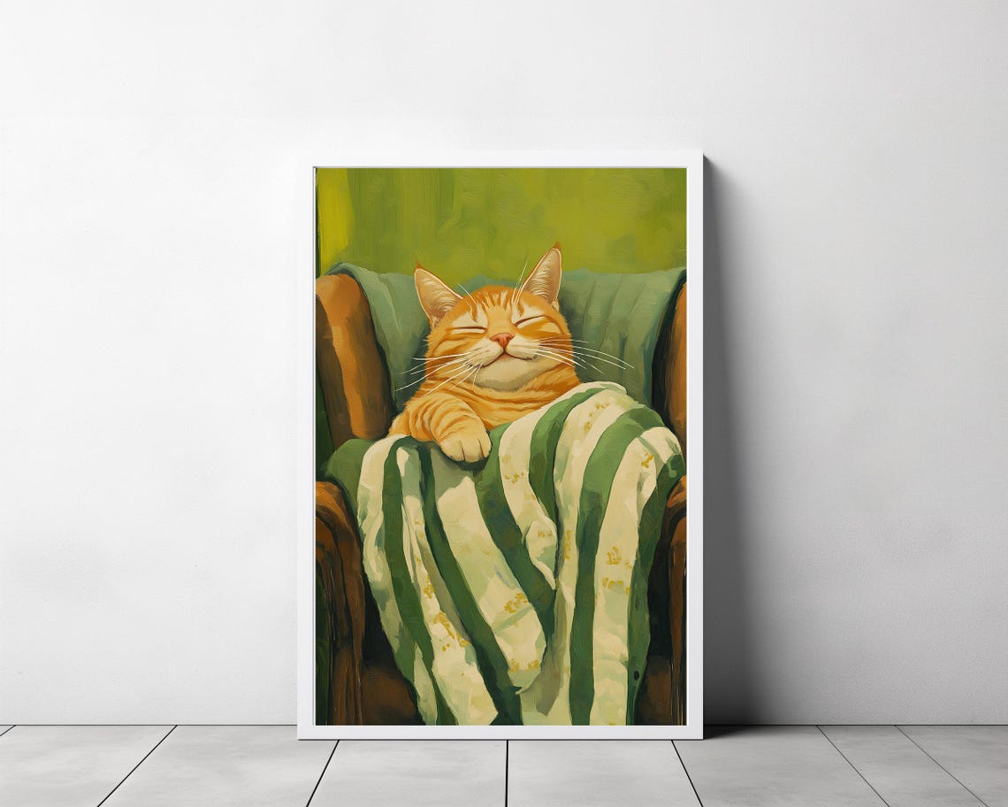 Content Orange Tabby Cat Relaxing in a Cozy Striped Armchair Poster - Image 3