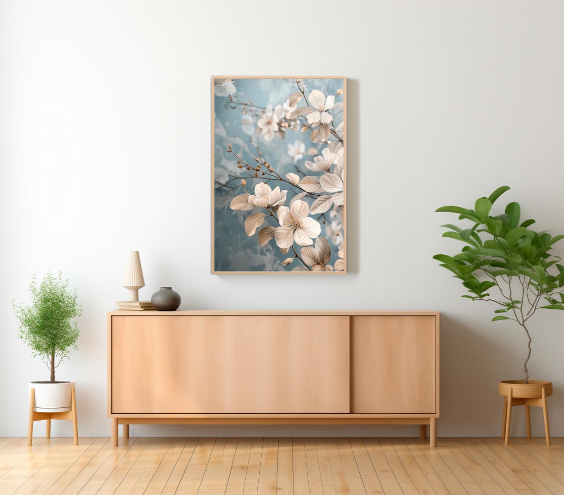 White Blossom Branches with Cream Leaves on Dusty Blue Poster - Image 2
