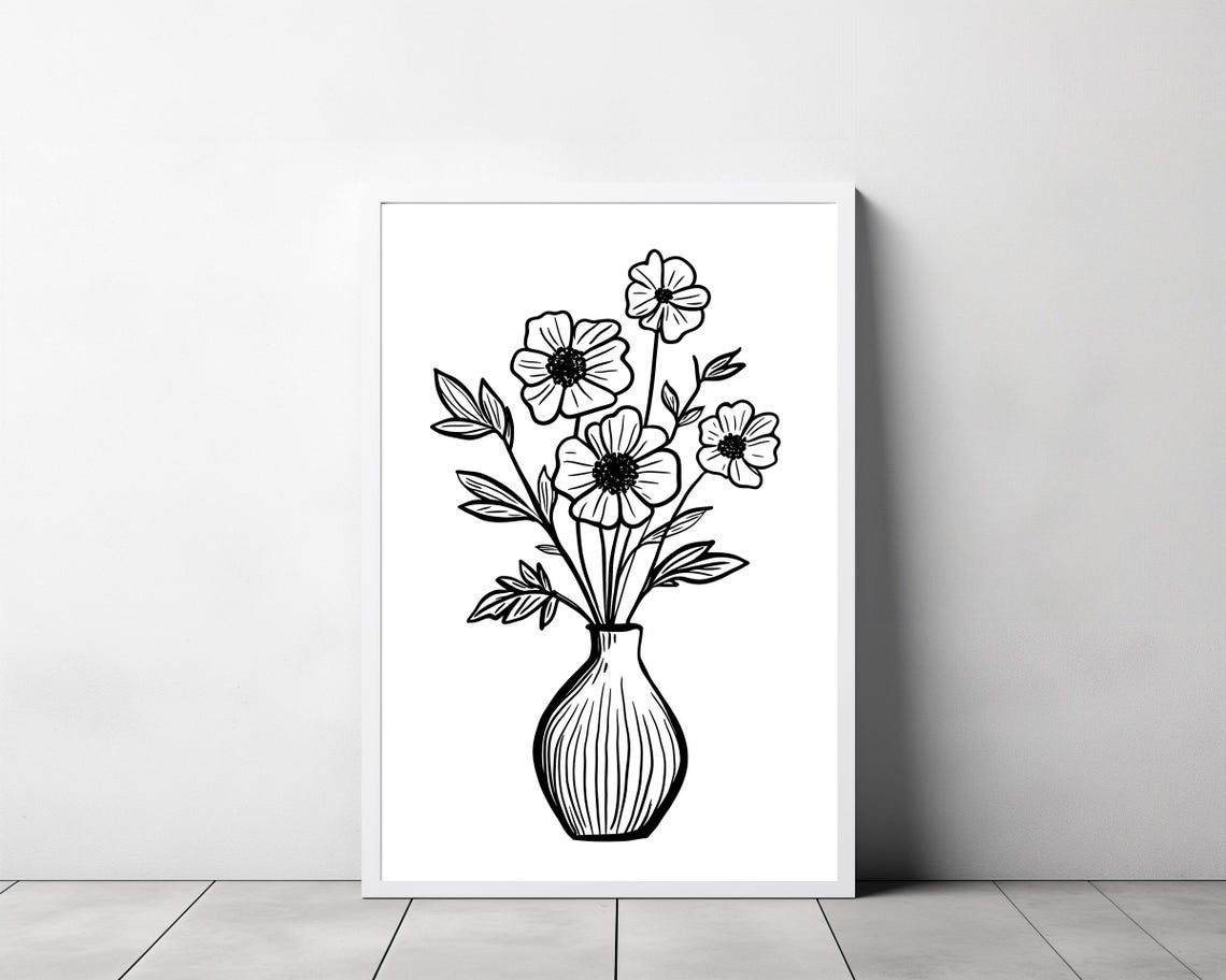 Minimalist Flower Line Drawing in a Round Ribbed Vase Poster - Image 3