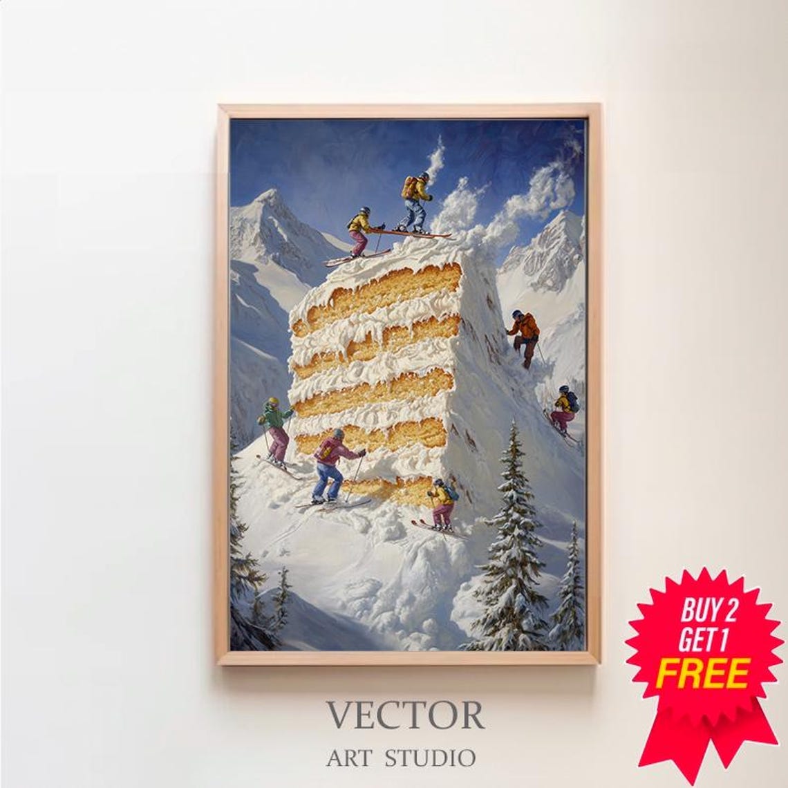 Surreal Skiers Racing Down a Giant Layered Cake Mountain Poster