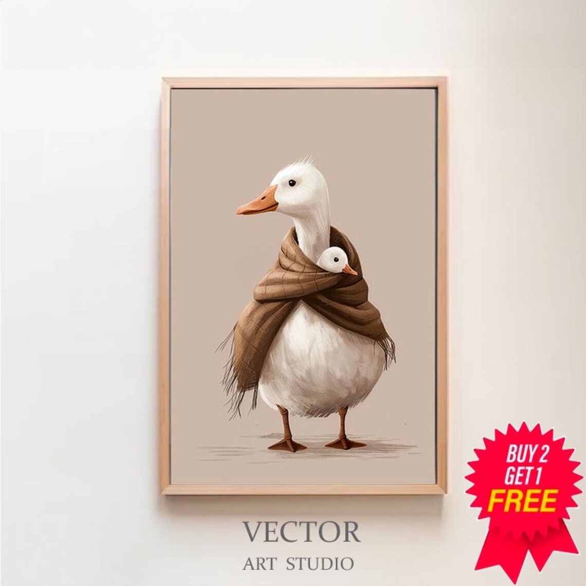 Mother Duck Wrapping Duckling in Brown Scarf Sweet Nursery Poster