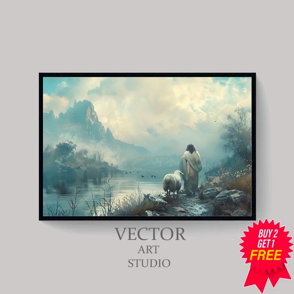 Jesus Walking with a Sheep Along a Misty Lakeside Path Poster - Image 4