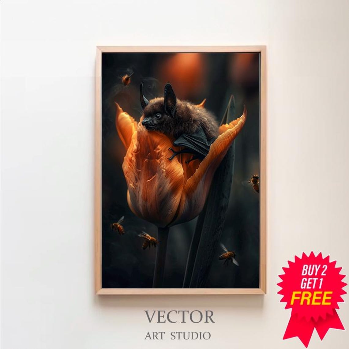 Whimsical Bat Nestled in a Fiery Orange Tulip Fantasy Night Poster