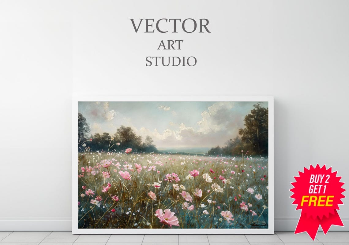Pink and White Cosmos Meadow Under Soft Blue Sky Vintage Floral Poster - Image 3