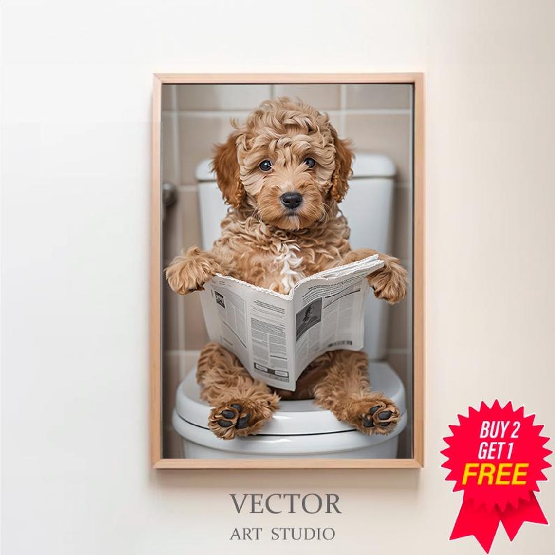 Cockapoo Puppy on Toilet Reading Newspaper Funny Bathroom Art Print