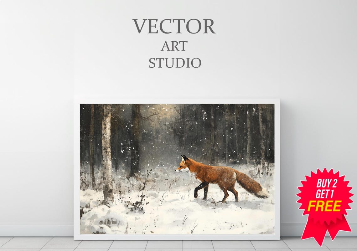 Red Fox Prowling Snowy Dark Pine Forest Vintage Winter Poster - Image 3