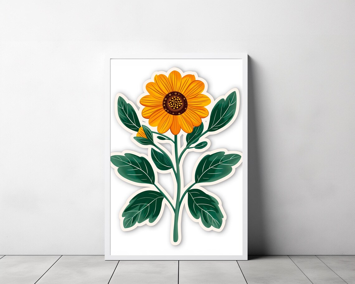 Yellow Sunflower in Sticker Style Minimal Botanical Art Poster - Image 3