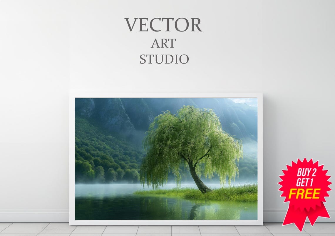 Weeping Willow Landscape Art Wall Decor Weeping Willow Tree Painting Tranquil Art Moody Rustic Landscape Art - Image 3