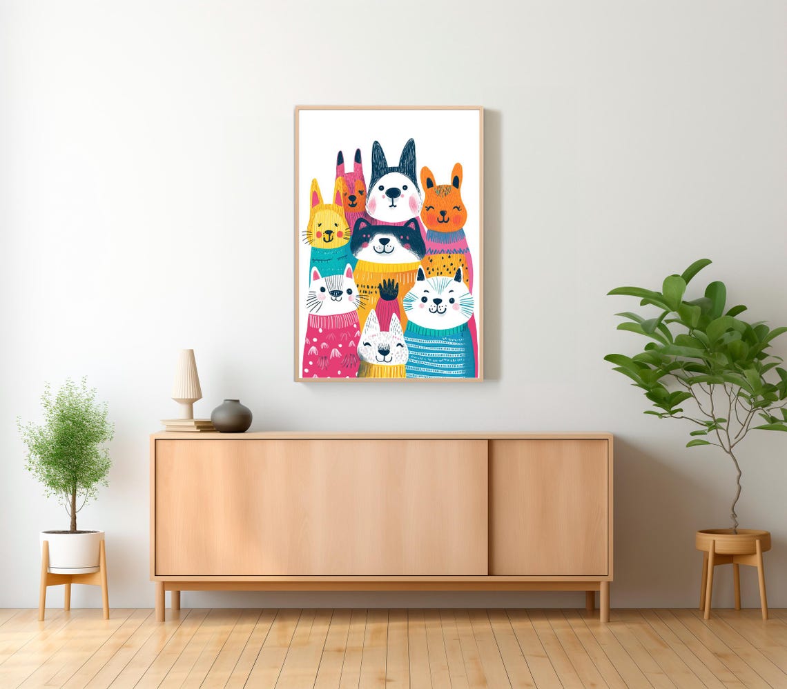 Happy Smiling Cats Wearing Bright Knitted Sweaters Kids Wall Art - Image 2
