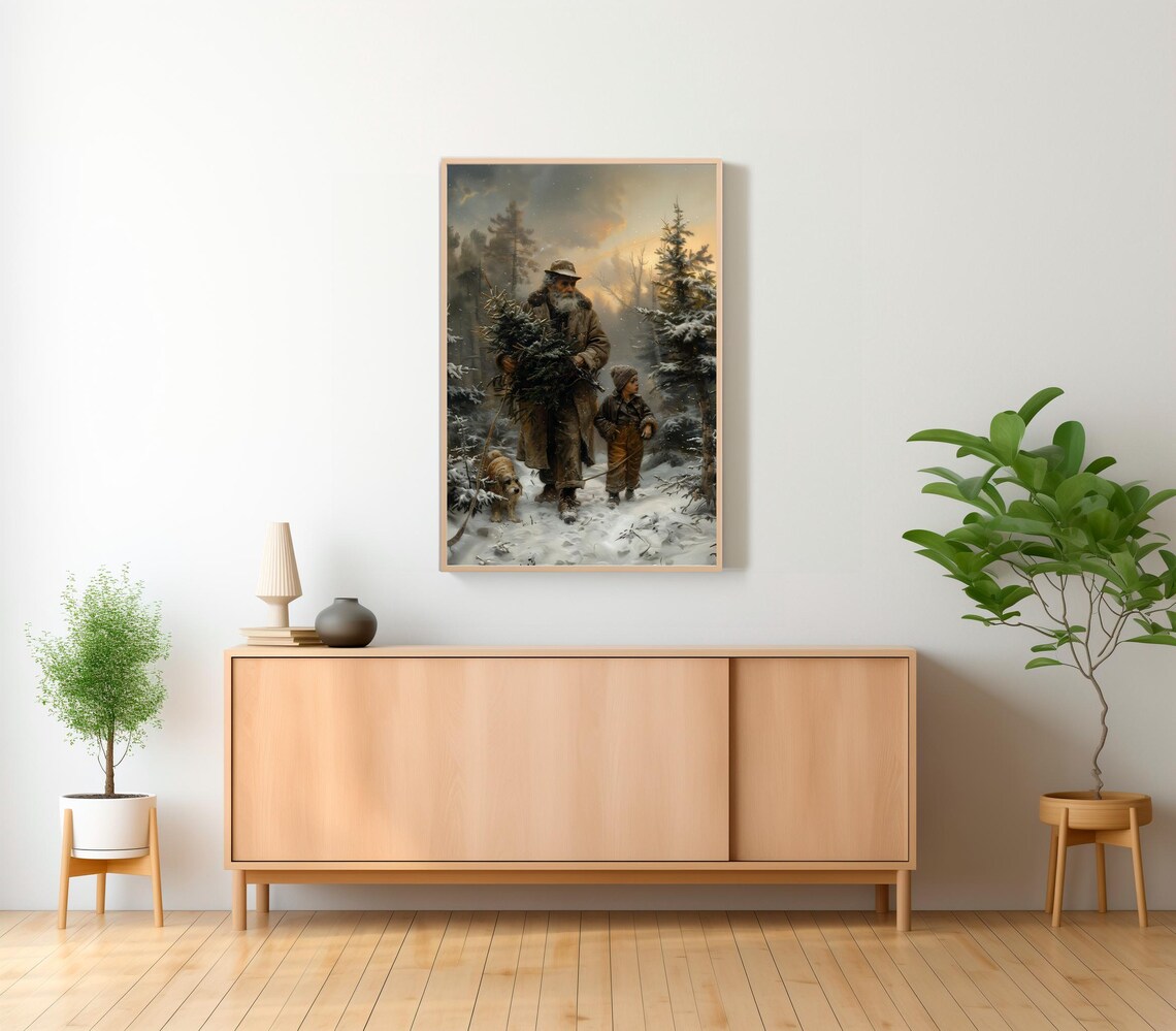 Vintage Christmas Walk Old Man with Tree and Dog in Snow Poster - Image 2