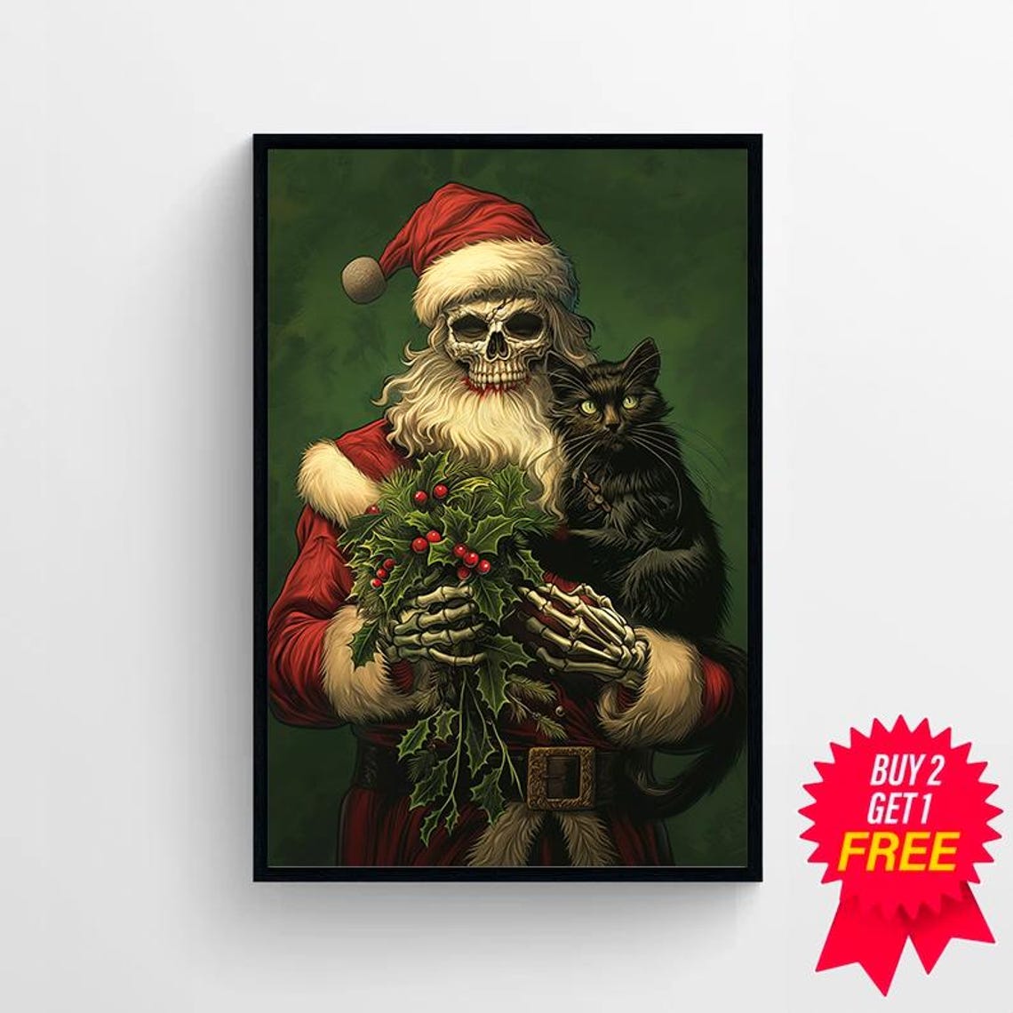 Illustrated Skeleton Santa Holding Holly Wreath And Black Cat Poster - Image 4