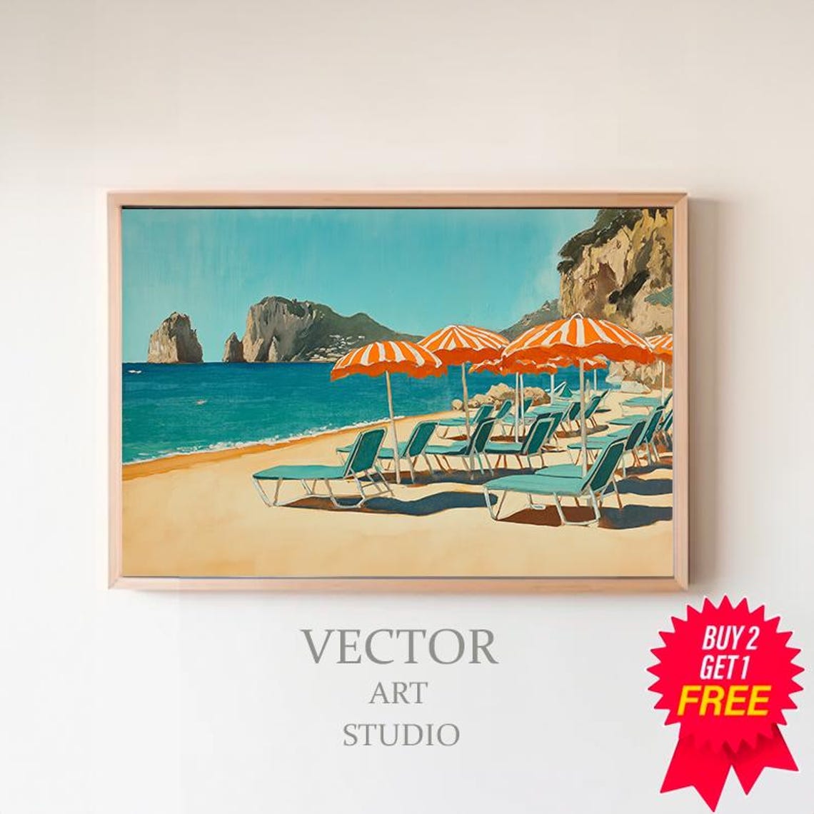 Capri Faraglioni Rocks With Orange Striped Umbrellas Beach Poster