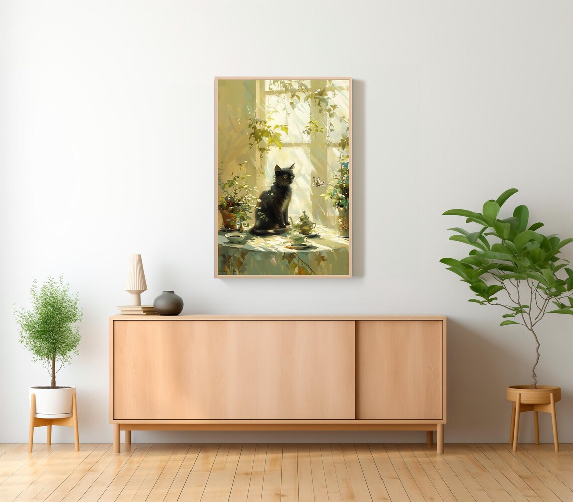 Retro Black Cat Coffee Print, Vintage Tea Cups Art Print - Image 2