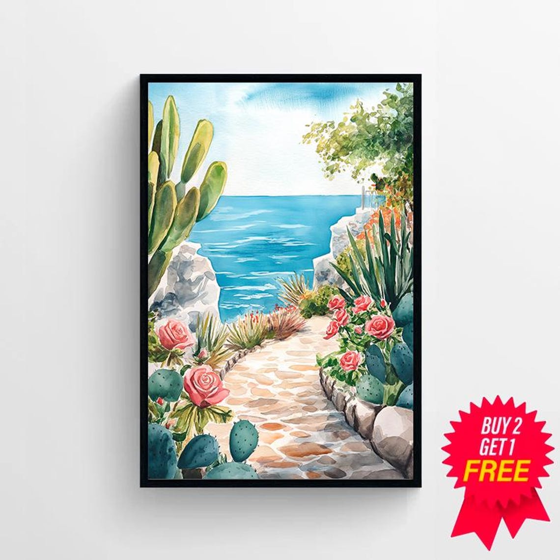 Cactus Lined Stone Garden Path to the Sea Mediterranean Poster - Image 4