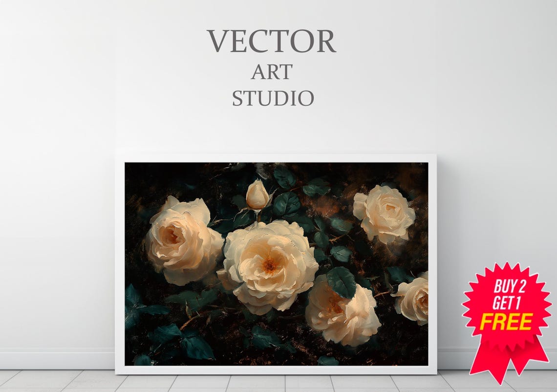 White Cream Roses On Dark Moody Vintage Floral Background Poster - Image 3