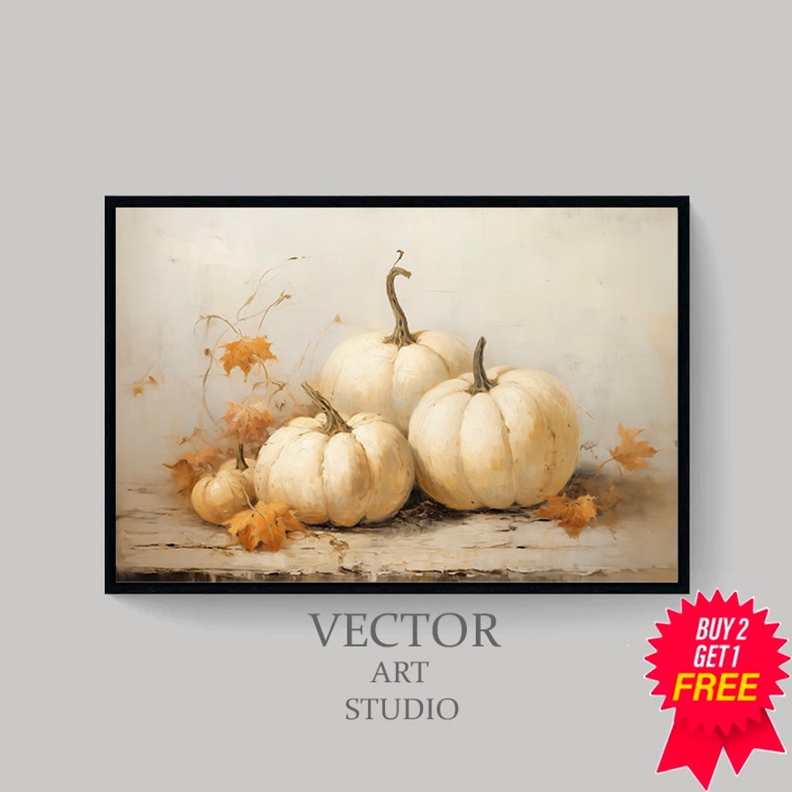 White Pumpkin Still Life with Fall Leaves Rustic Autumn Poster - Image 4
