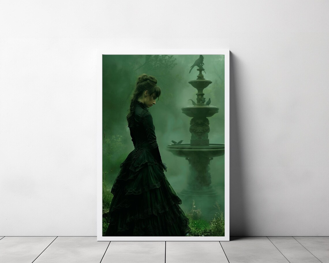 Victorian Woman In Black Dress With Crow Perched Fountain Poster - Image 3