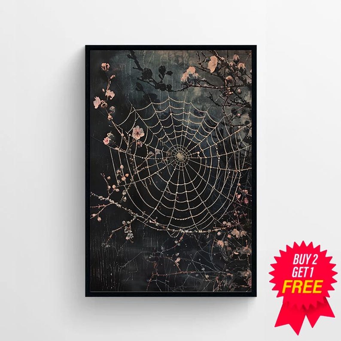 Dewy Spider Web on Blossoming Branches Dark Floral Oil Style Poster - Image 4
