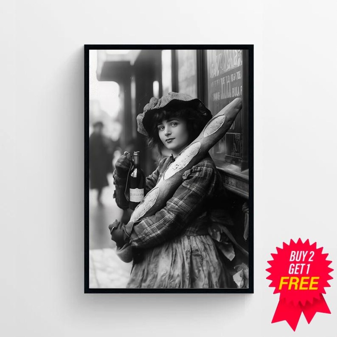 Vintage Parisian Woman with Baguettes and Wine Bottle Photo Poster - Image 4