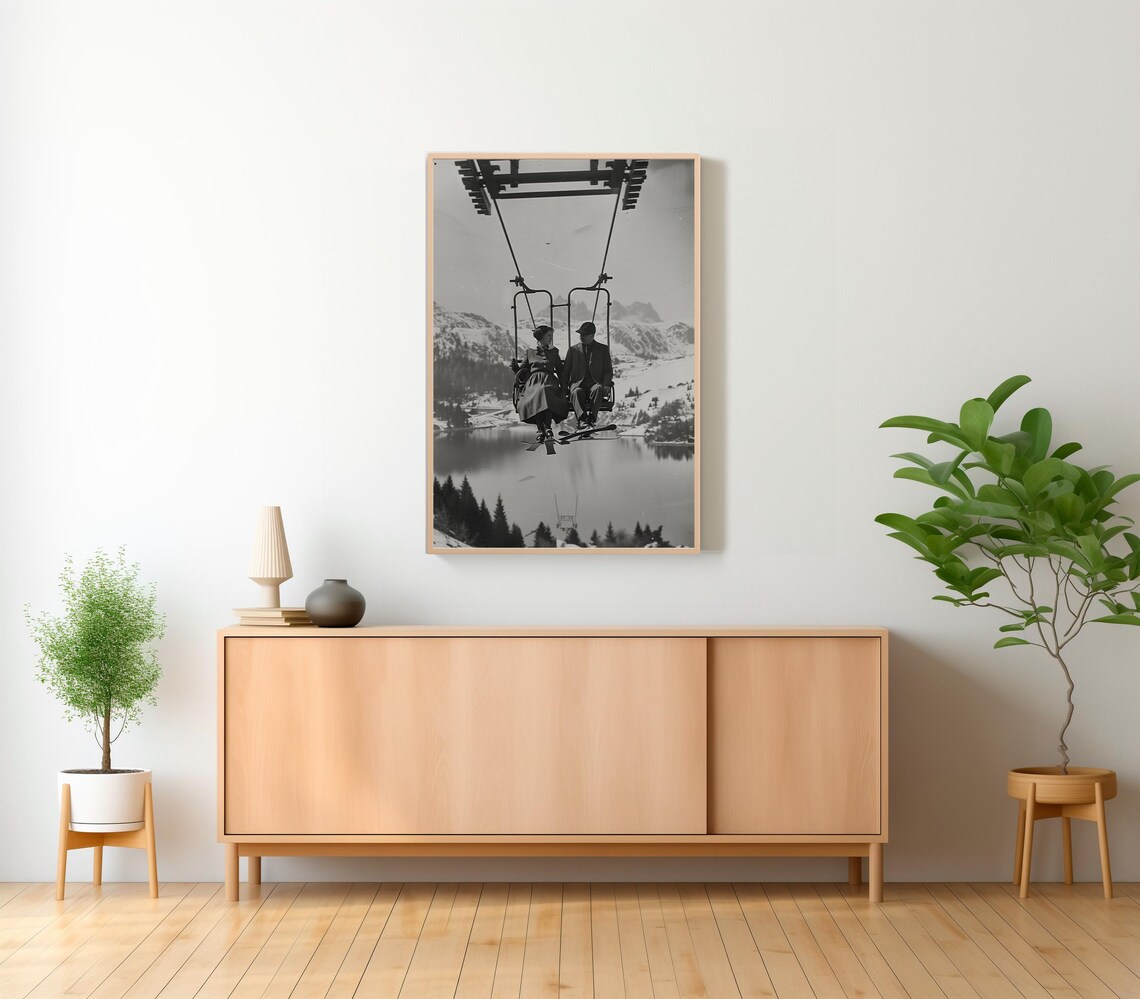 Vintage Couple Riding a Ski Lift Mountain Winter Photo Poster - Image 2