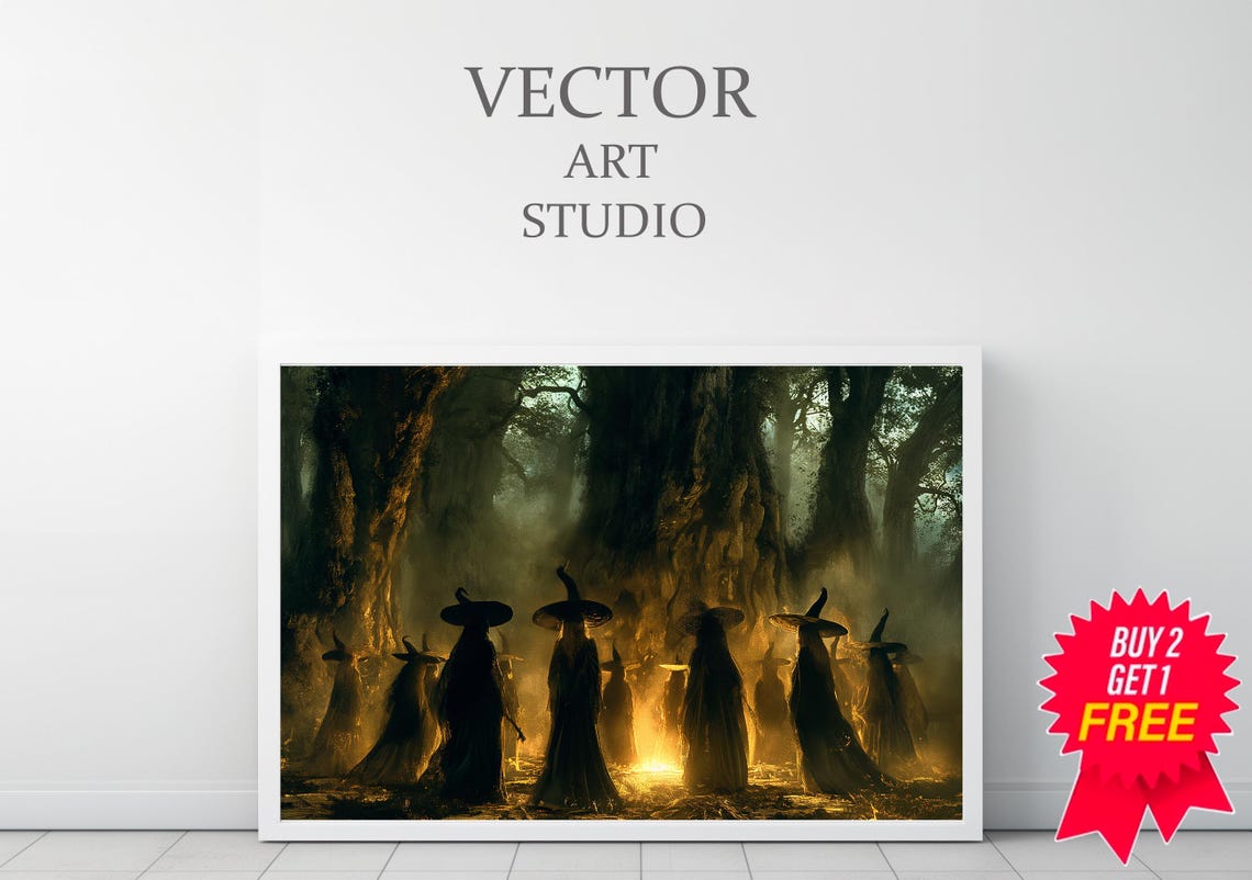 Dark Forest Witches Coven Gathered Around Bonfire Witchy Poster - Image 3