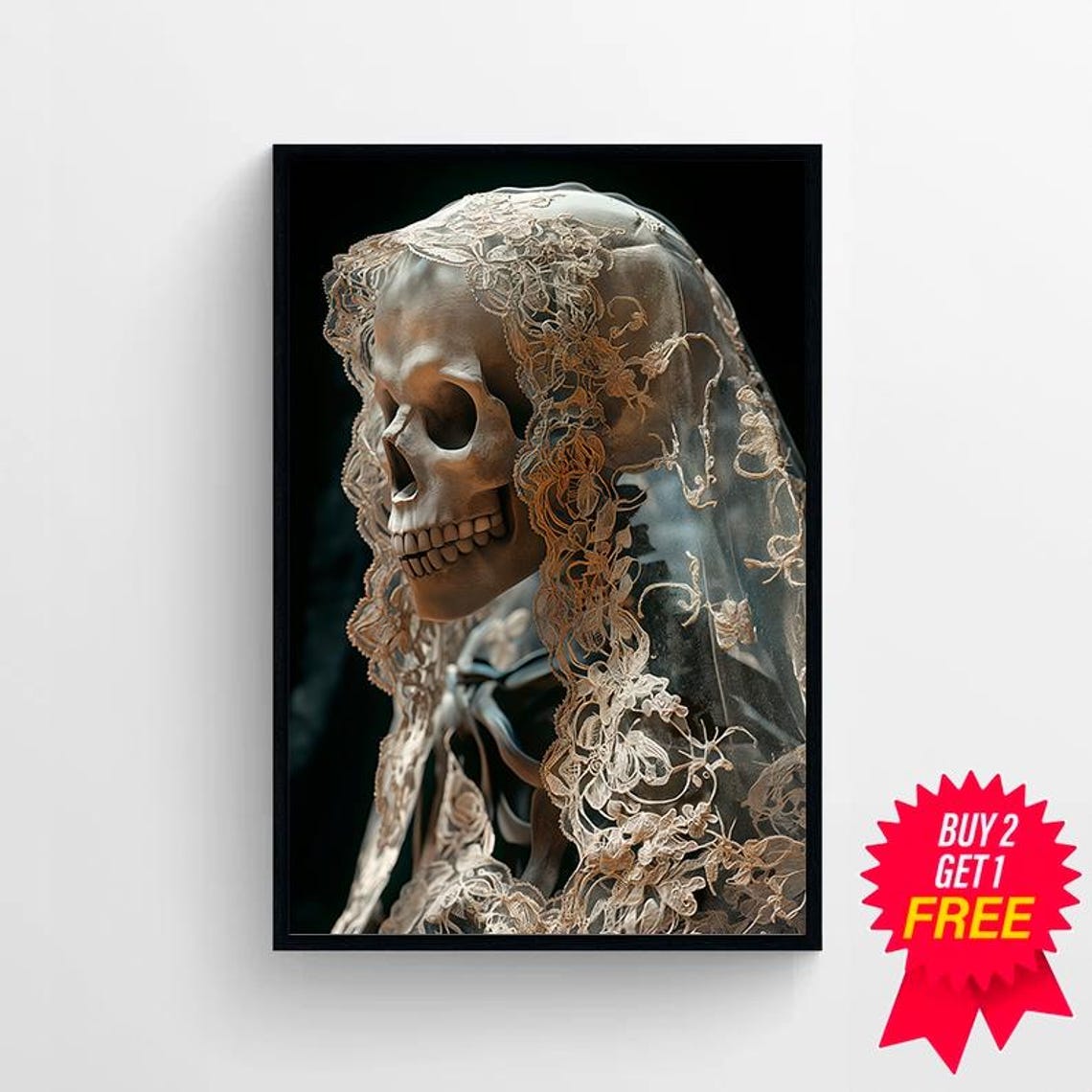 Skull Bride in Antique Lace Veil Gothic Dark Academia Halloween Poster - Image 4
