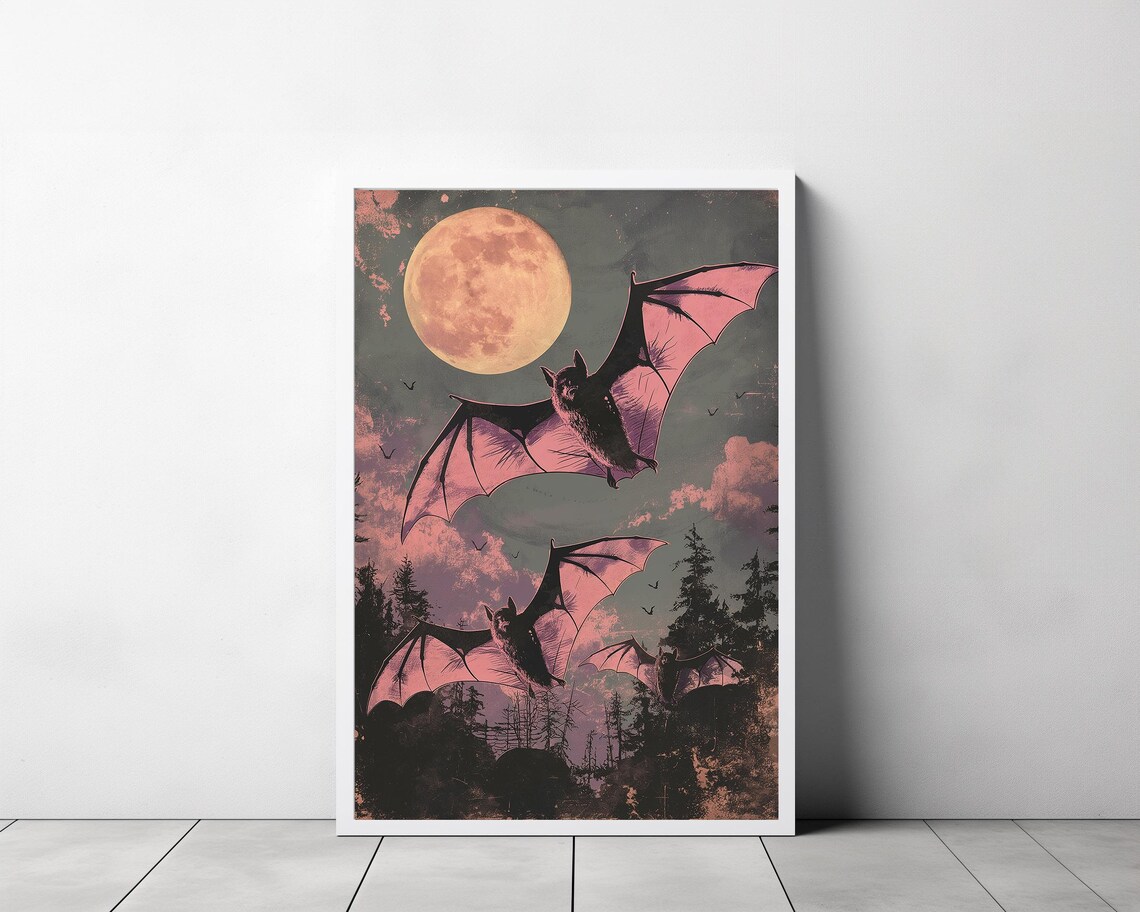 Vintage Neon Pink Vampire Bats Art Print - Image 3