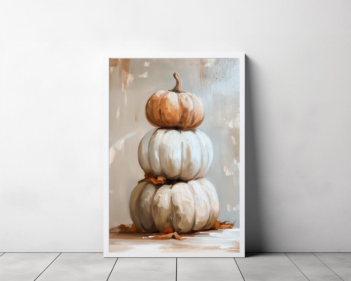 Stack of Three Tan and White Pumpkins in Fall Still Life Art Poster - Image 3