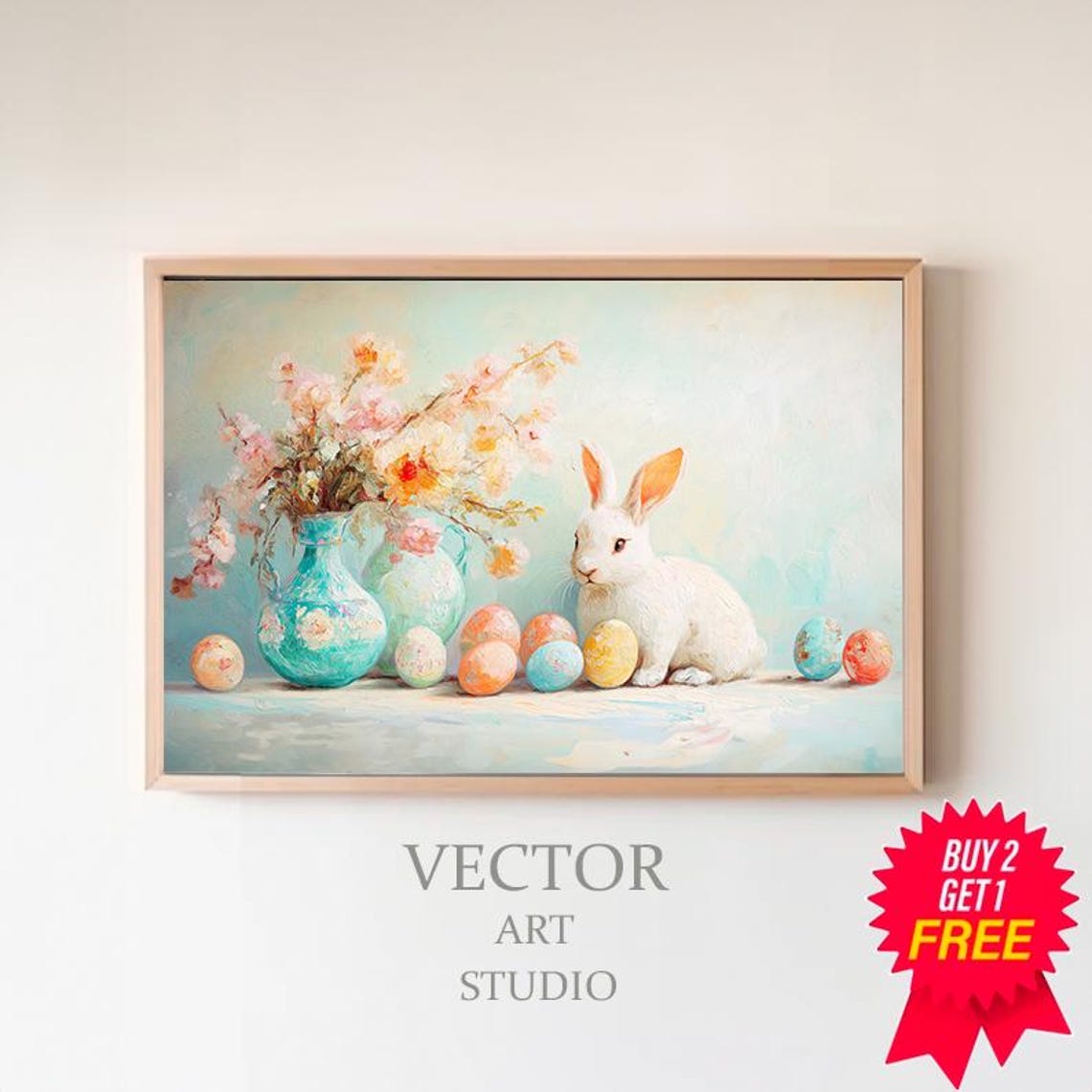Easter Bunny with Painted Eggs Vintage Spring Floral Art Print