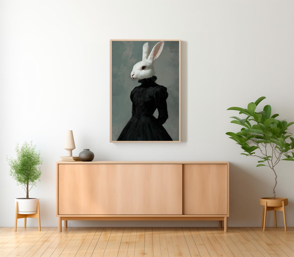 White Rabbit in Black Victorian Dress Gothic Portrait Poster - Image 2