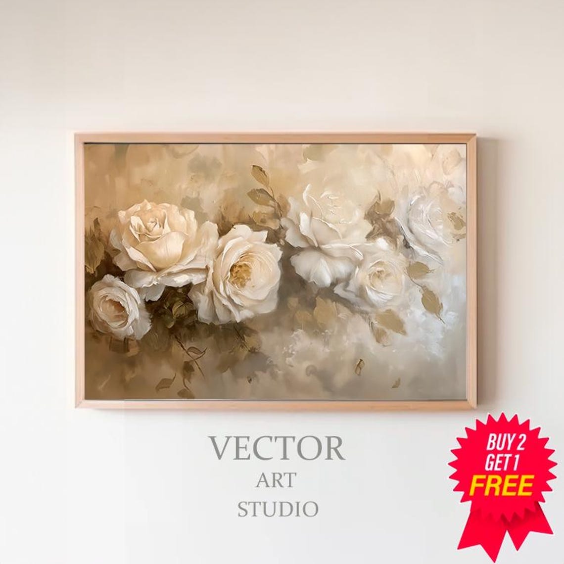 Cream White Roses Neutral Elegant Victorian Floral Painting Poster
