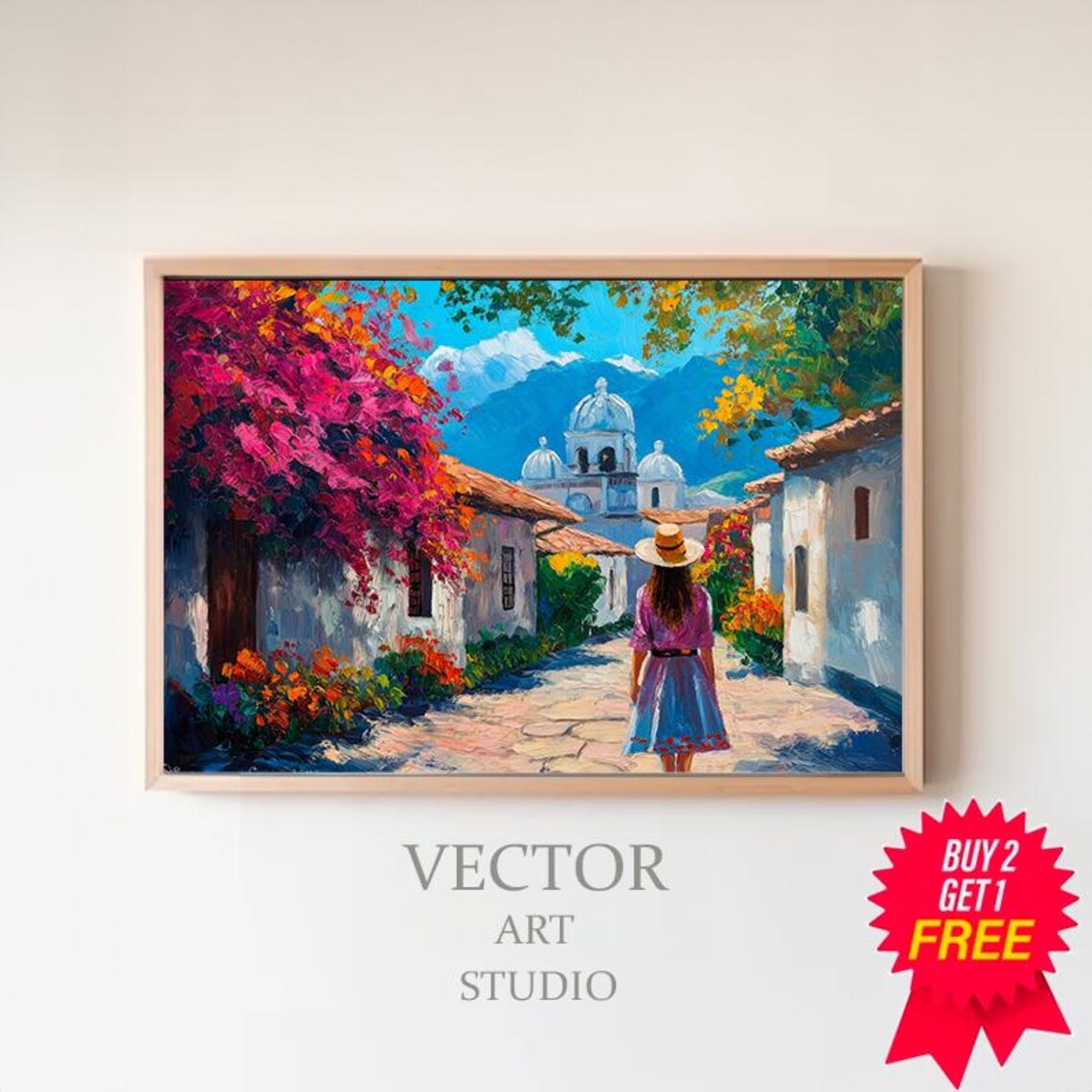 Colorful Mexican Village Street With Church Vibrant Folk Art Poster