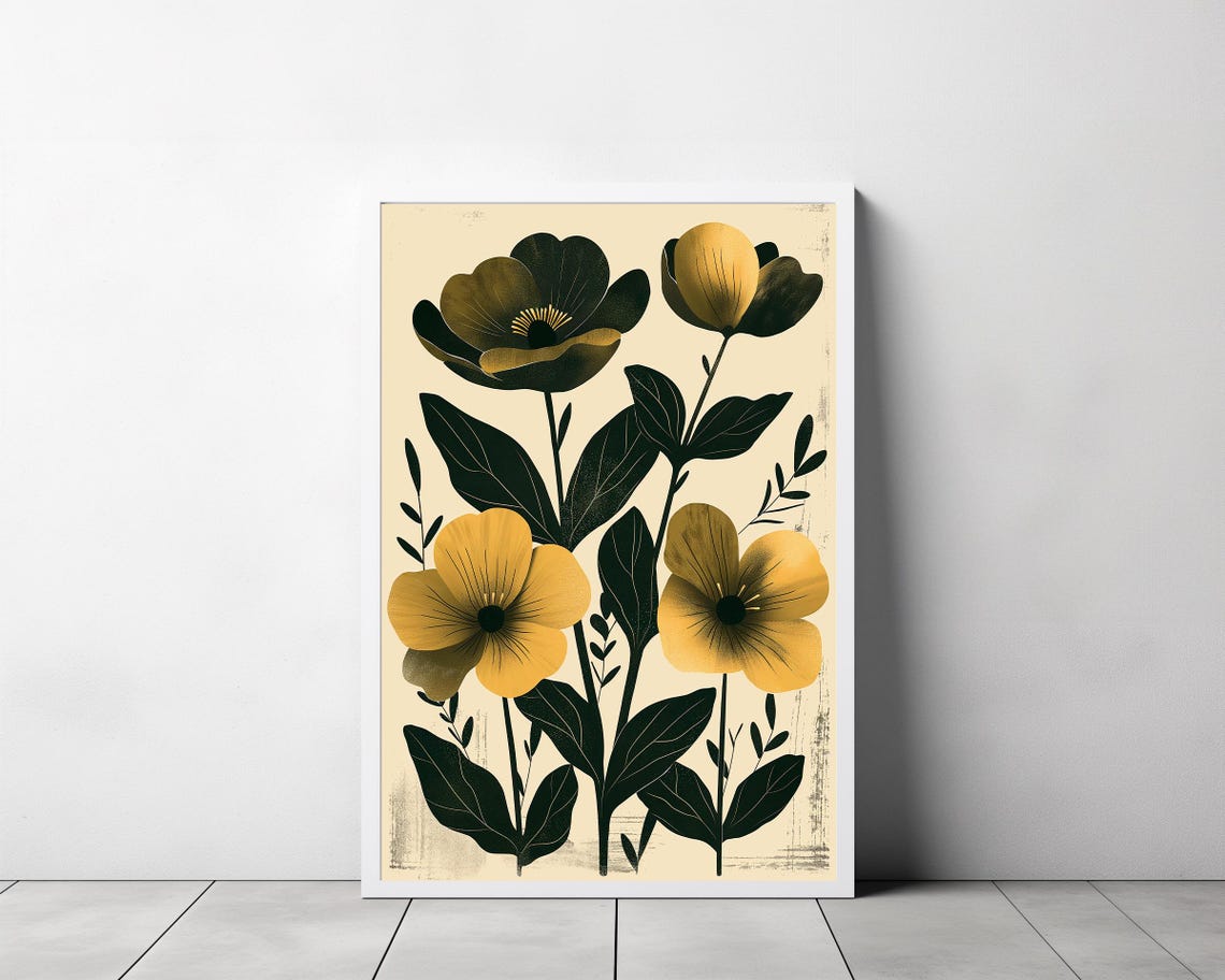 Boho Mustard Bloom Botanical Folk Art Cream Background Poster - Image 3