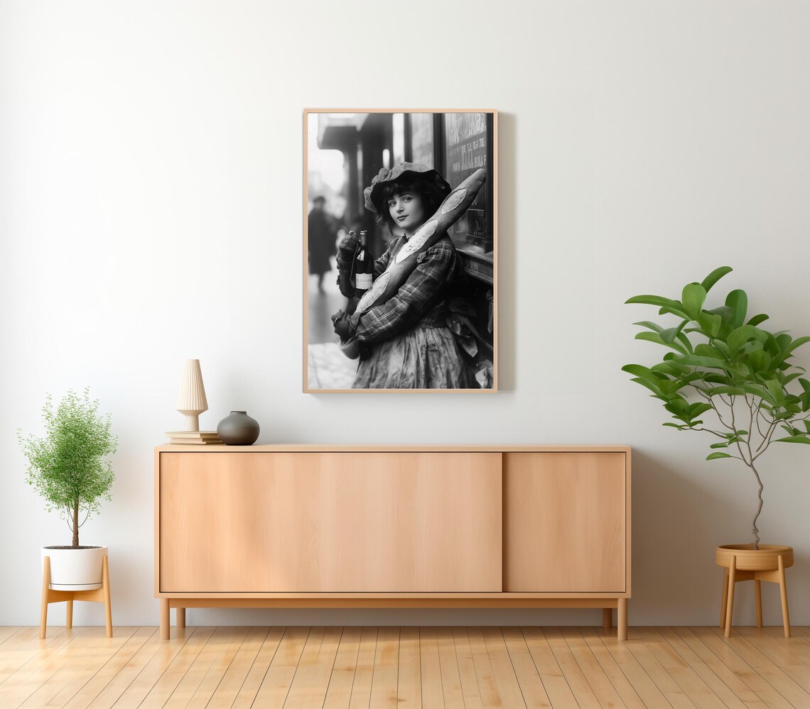 Vintage Parisian Woman with Baguettes and Wine Bottle Photo Poster - Image 2