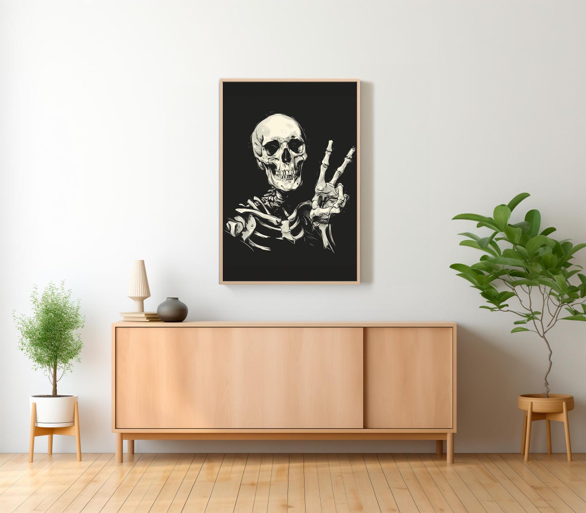 Stylized Skull Flashing a Peace Sign in Bold Ink Illustration Poster - Image 2