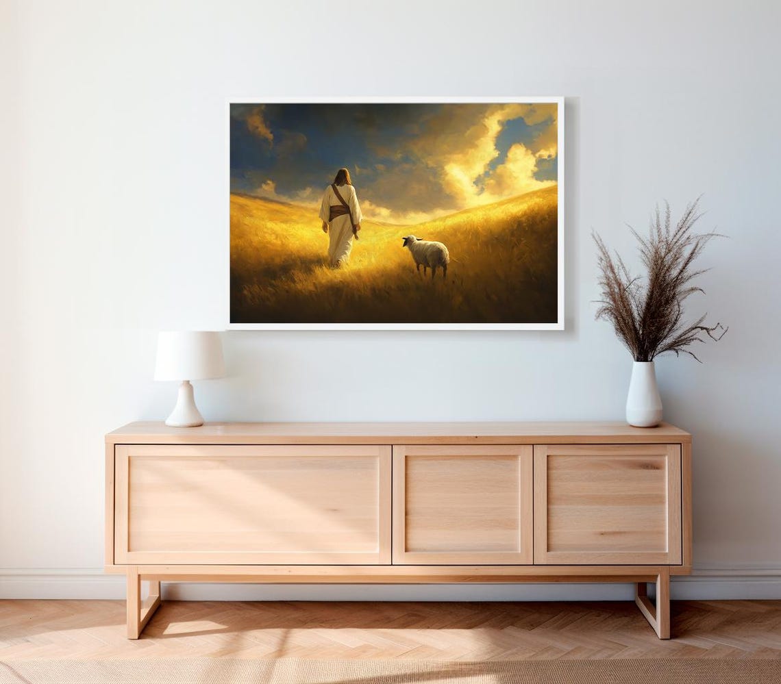 Jesus Walking with a Sheep Through Golden Wheat Field Poster - Image 2