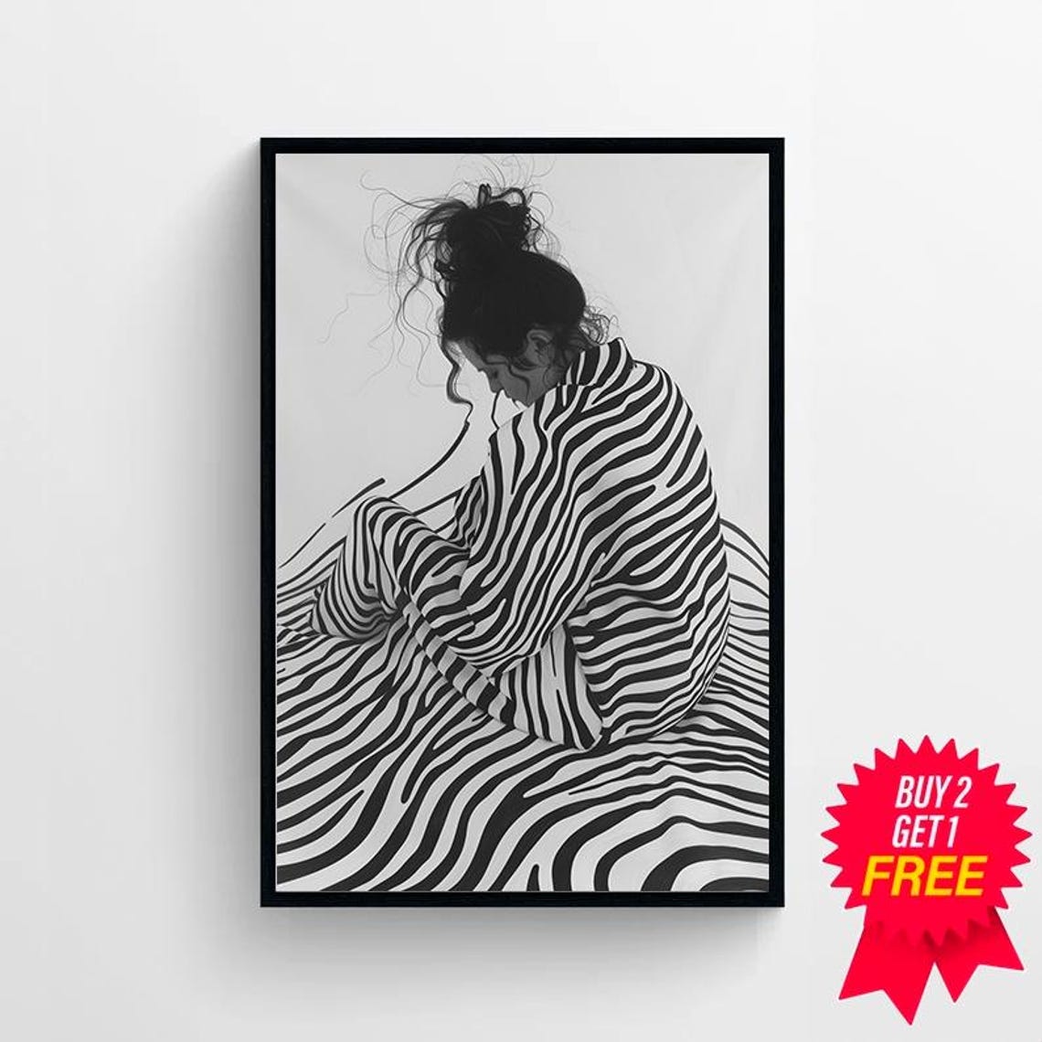 Black and White Striped Woman Seated in Contemplative Pose Poster - Image 4