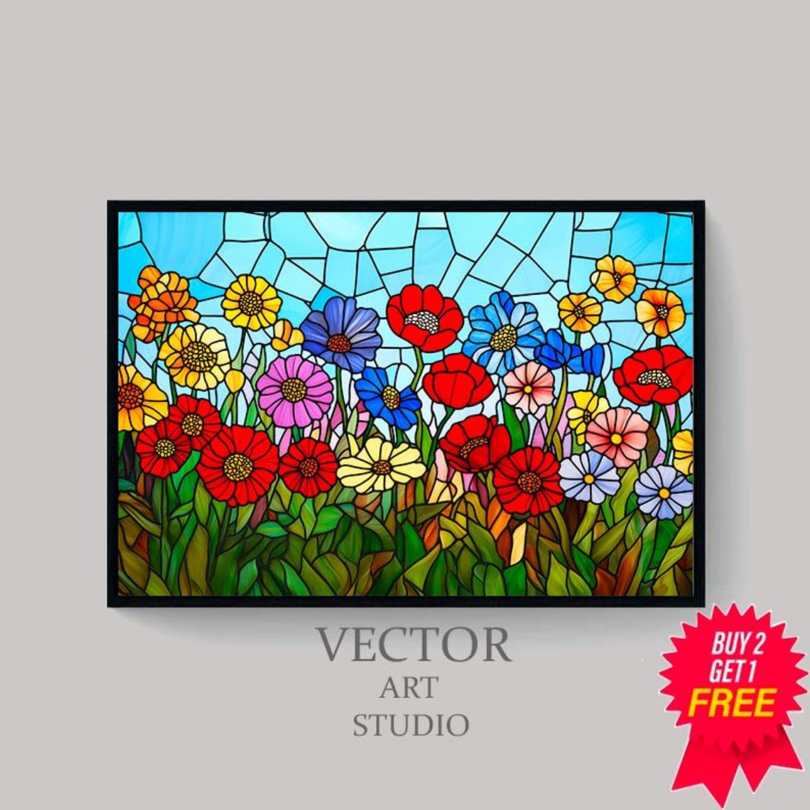 Stained Glass Wildflower Meadow Under Blue Sky Floral Poster - Image 4