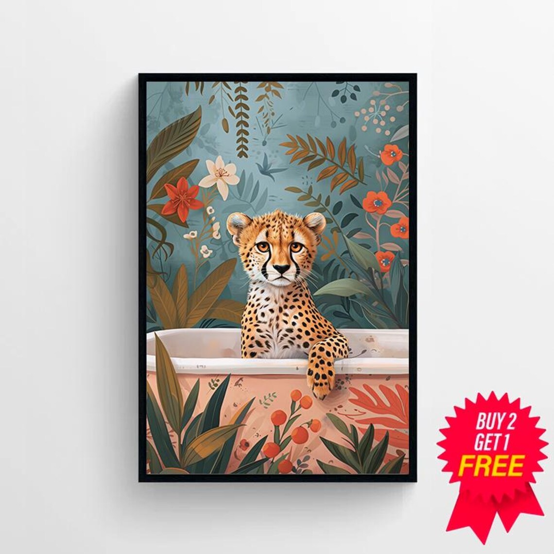 Cheetah Cub Bathing in Bathtub Against Blue Botanical Flower Poster - Image 4