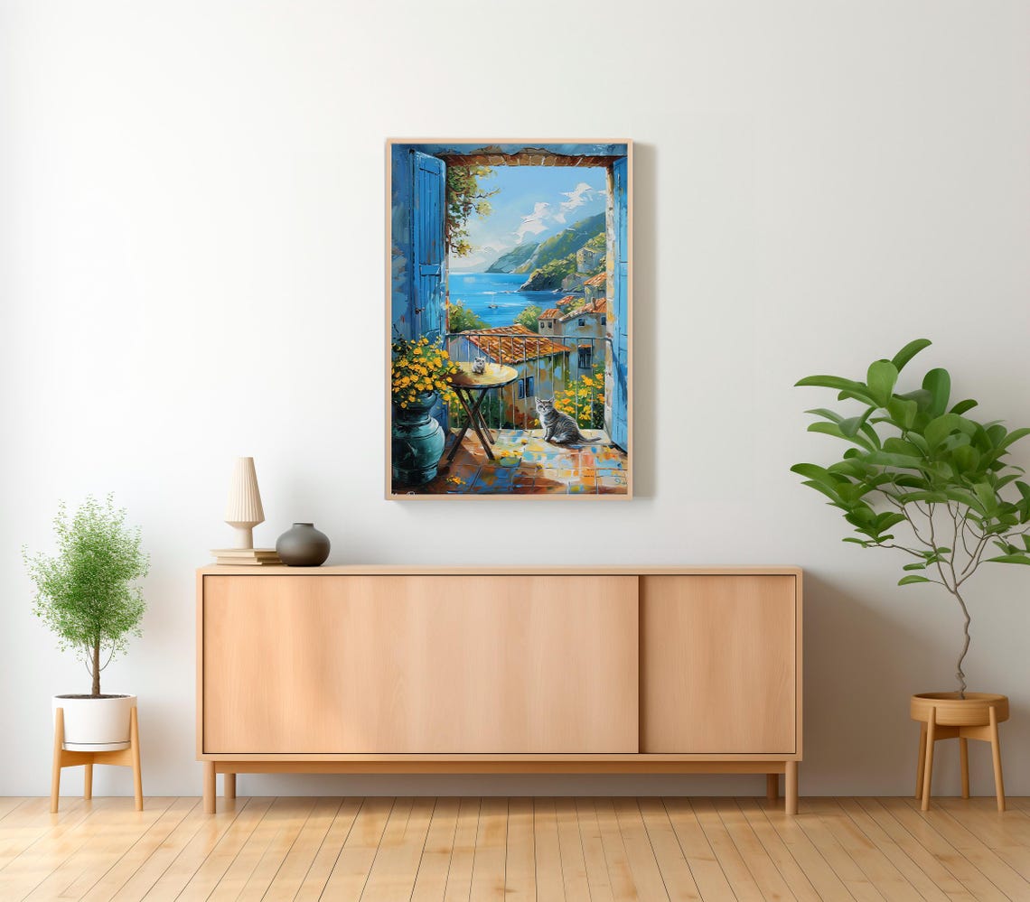 Tabby Cat on an Italian Coast Balcony with Yellow Flowers Art Poster - Image 2