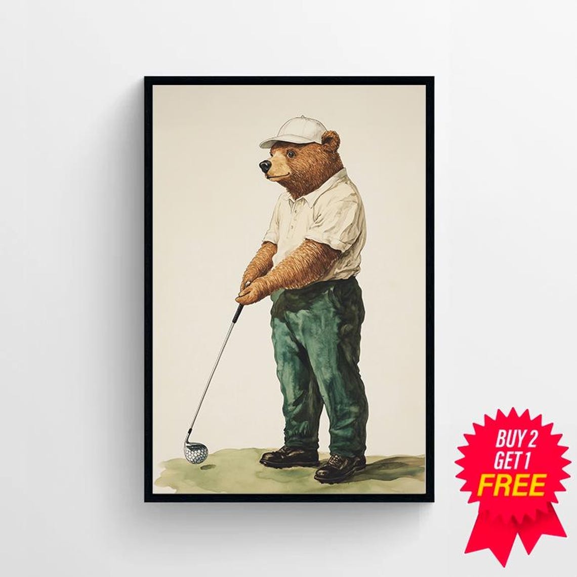 Bear Golfer in White Cap Watercolor Nursery Golf Theme Poster - Image 4