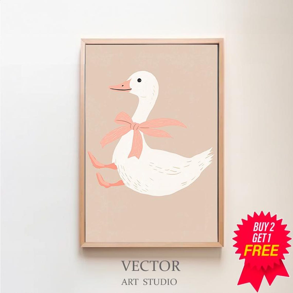Duck With Pink Scarf Running on Beige Coquette Nursery Poster