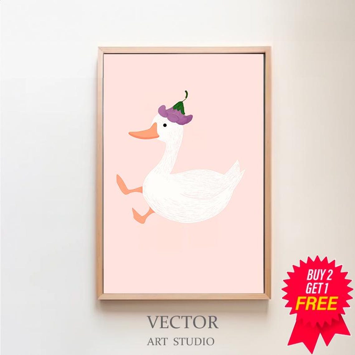 Cute White Duck With Purple Flower Hat on Pink Nursery Poster