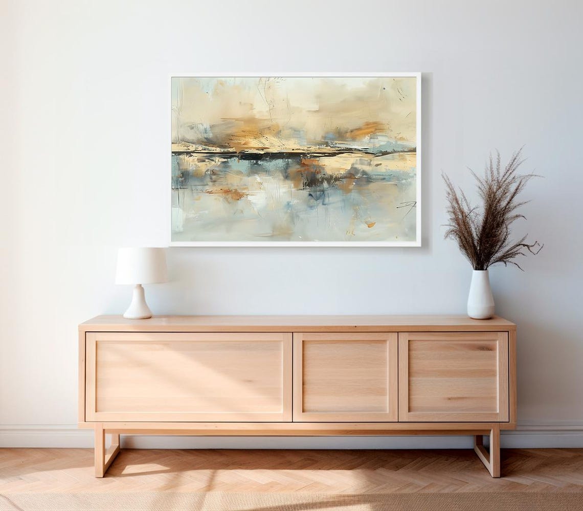Beige and Blue Abstract Landscape Painting in Neutral Tones Poster - Image 2