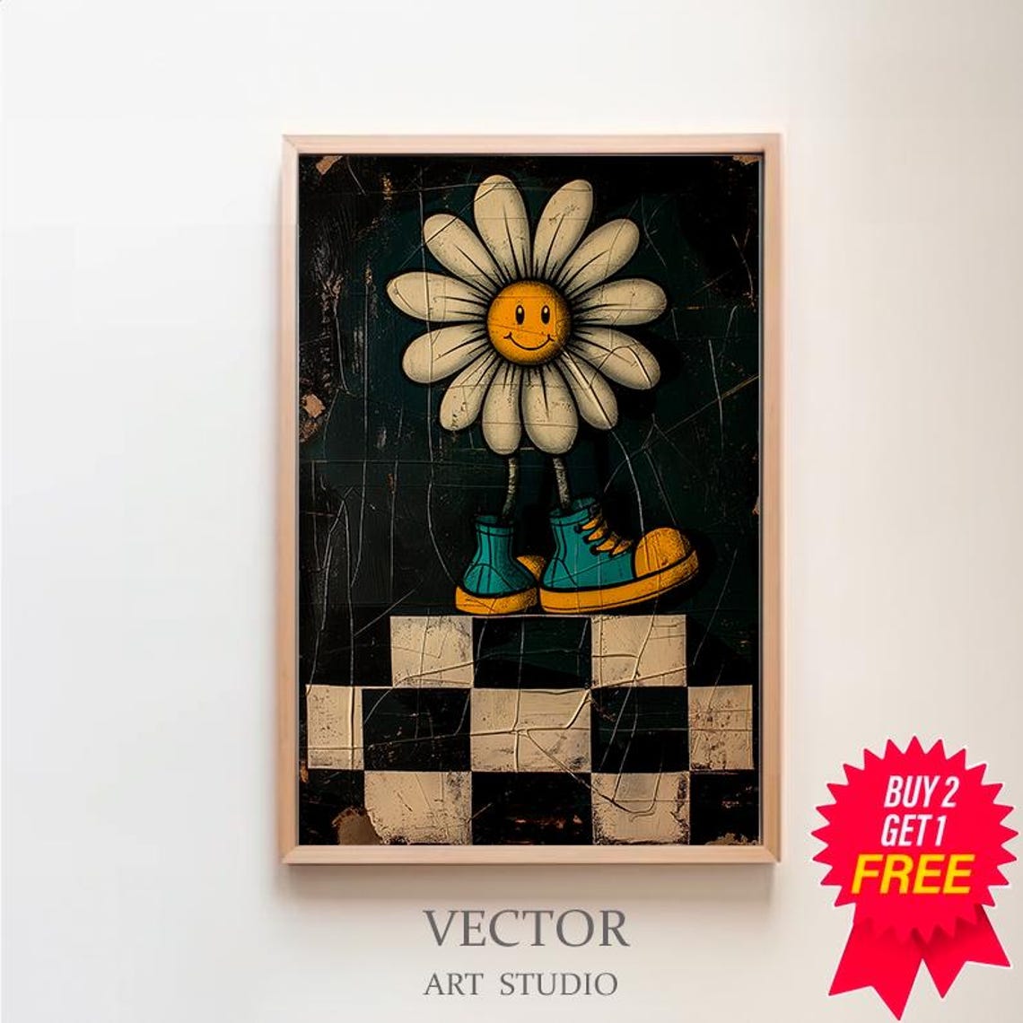 Smiling Daisy In Sneakers Dark Moody Retro Flower Decor Poster