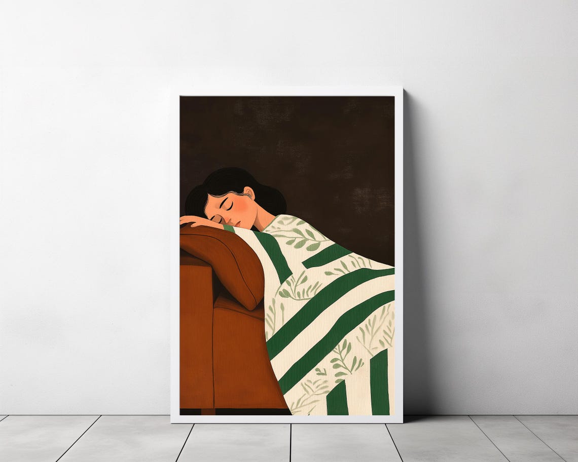 Woman Sleeping Rust Couch Green Stripe Throw Illustration Poster - Image 3