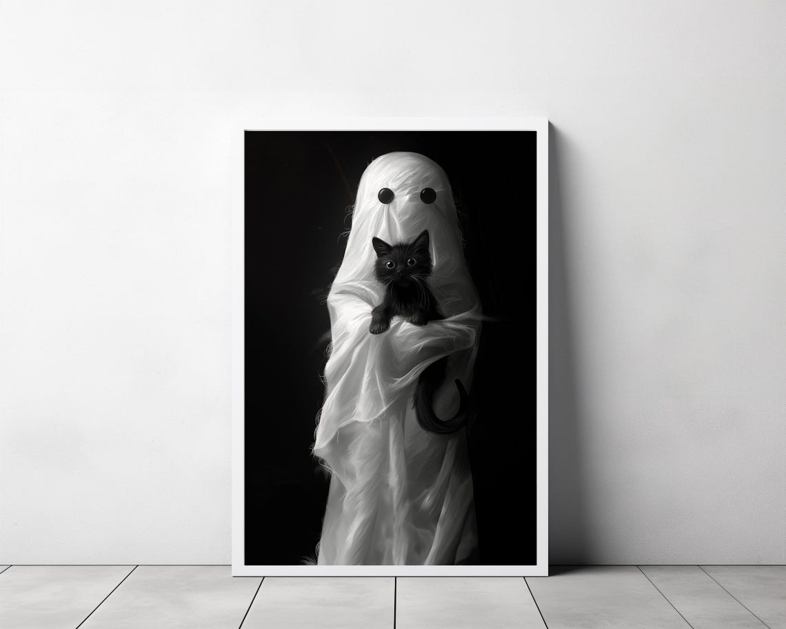 Ghost Holding A Black Kitten On Black Background Halloween Poster - Image 3