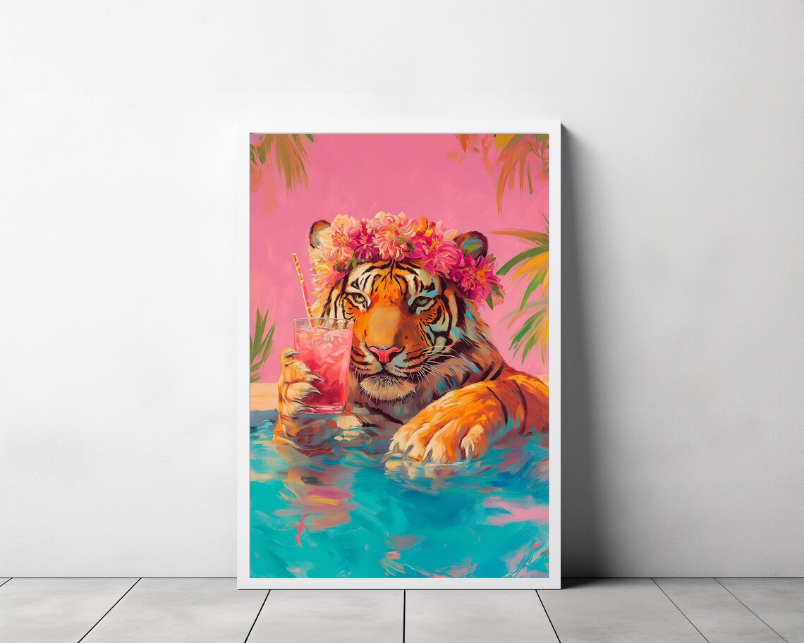 Tiger in Pool with Flower Crown Holding Pink Cocktail Poster - Image 3